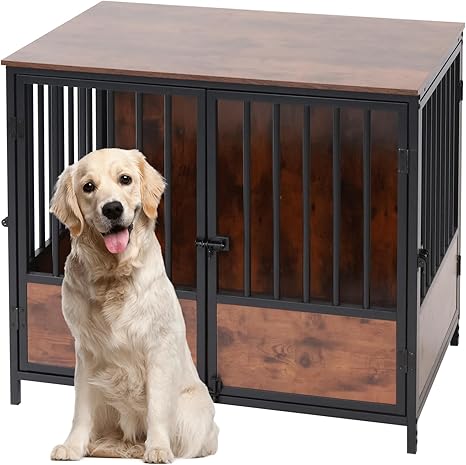37.4" Wooden Dog Crate Furniture – Chew-Resistant Kennel for Medium/Large Breeds,3-Door Indoor Kennel with 3.1" Raised Feet, Multi-Functional TV Stand & End Table (Brown, 37.4 * 26.3 * 32.1 inch)
