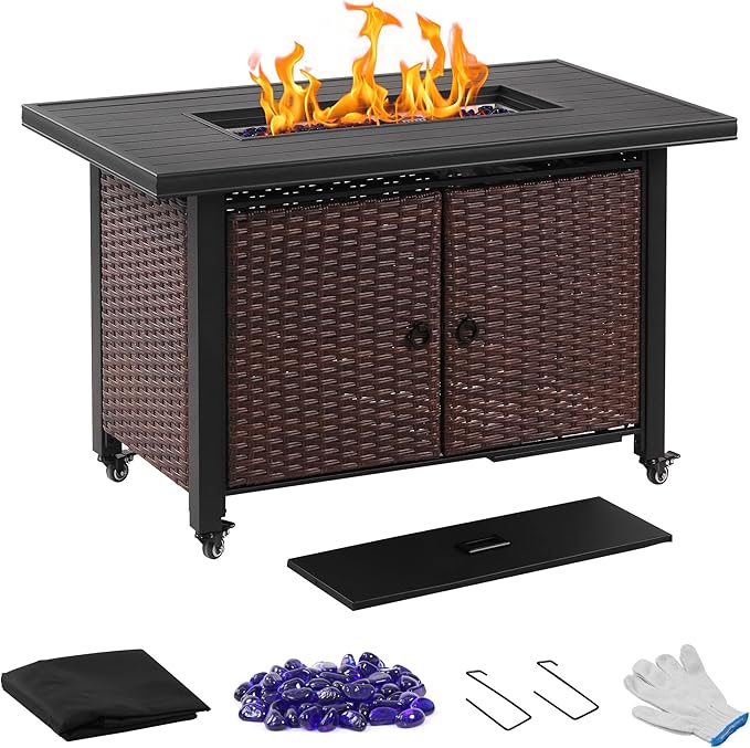 43 Inch Outdoor Fire Table with Aluminum Tabletop Propane Fire Pit Table 60,000 BTU Gas FirePit CSA Certified Wicker Rattan Fire Table with Steel Lid Glass Rock Wheels Waterproof Cover Gloves
