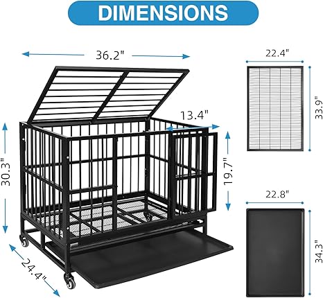 Heavy Duty Dog Kennel, 37-Inch, Black, Indestructible Steel Frame, Portable, With Wheels, Double Doors, Sturdy Locks, Tray, Black
