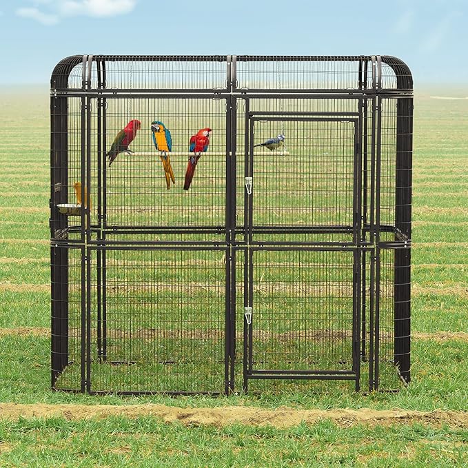 Large Walk-in Cage 87-inch Heavy Duty Bird Cage Outdoor Aviary Parrot Cage Wide Flight Metal Birdcage with Stand for Macaw Budgie Conure Lovebird Parakeet Cockatiel, 7.22x5.25x6.8ft, Black

