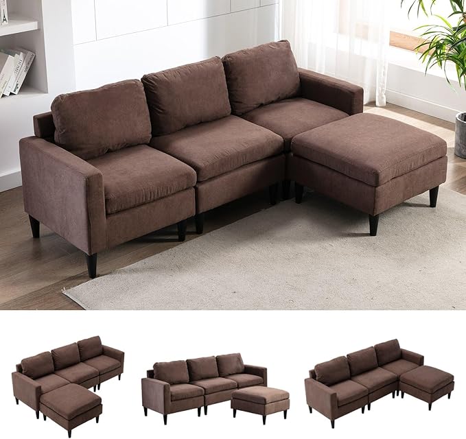 Sectional Couches for Living Room L Shaped Sectional Couch/Sofa 3 Seater Futon Sofa Bed with Chaise/Ottoman Coffee Brown Fabric Pillow Back and Wood Legs
